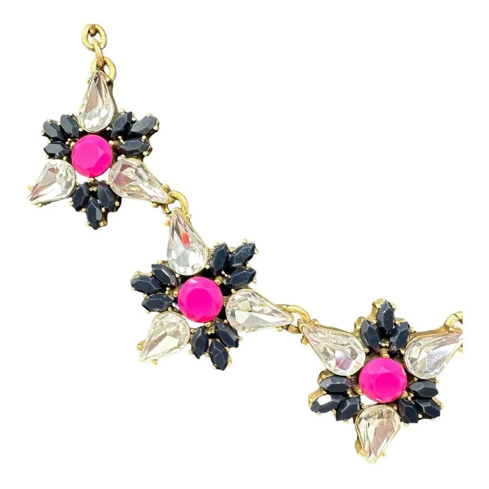 J.Crew Floral Flower Cluster Statement Necklace Pink Black Adjustable Gold Tone - Picture 3 of 11